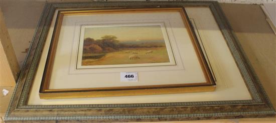 George Oyston (1860-1937) - watercolour, Sheep on the Downs at sunset